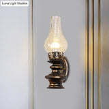 Vintage Kerosene Sconce With Clear Crackle Glass And Brass Wall Mount