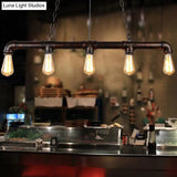 Vintage Linear Pipe Iron Island Ceiling Light - 5 Heads Hanging Pendant For Restaurant