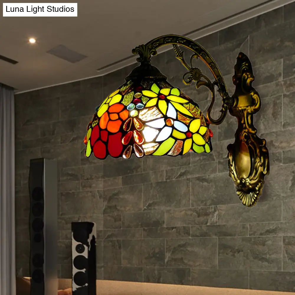 Vintage Loft Style Floral Wall Sconce With Stained Glass Shade - 1 Light Red Indoor Lighting Fixture