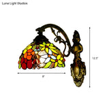 Vintage Loft Style Floral Wall Sconce With Stained Glass Shade - 1 Light Red Indoor Lighting Fixture