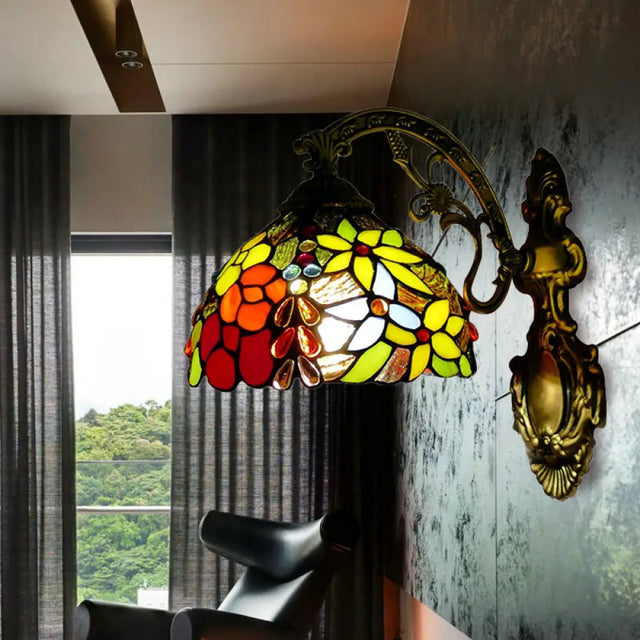 Vintage Loft Style Floral Wall Sconce With Stained Glass Shade - 1 Light Red Indoor Lighting Fixture