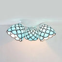 Vintage Magnolia Stained Glass 3-Head Ceiling Fixture In White Flush Mount / Gem