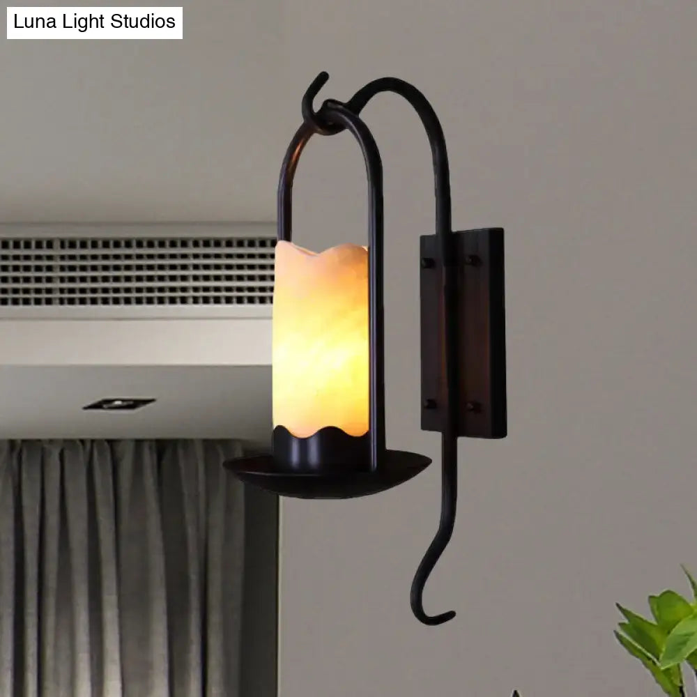 Vintage Marble Bronze Cylinder Sconce Light For Balcony With Rectangle Backplate