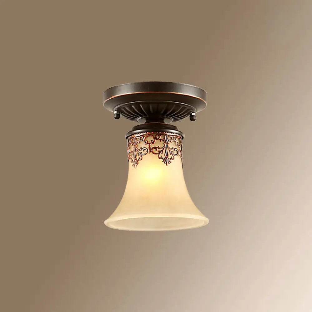 Vintage Metal 1-Light Small Stairway Semi Flush Mount Ceiling Light Bronze / Trumpet