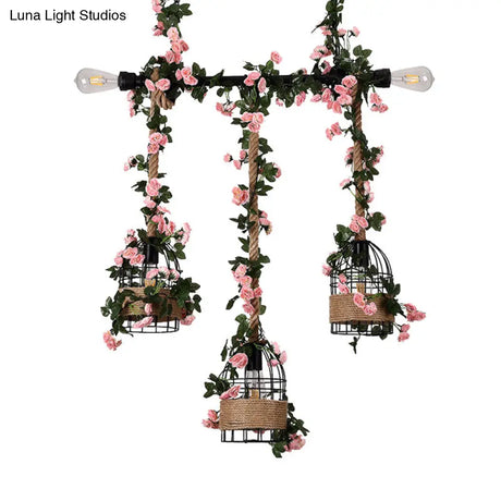 Vintage Metal 3-Head Island Ceiling Light With Flower Decor - Black