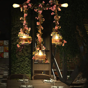 Vintage Metal 3-Head Island Ceiling Light With Flower Decor - Black