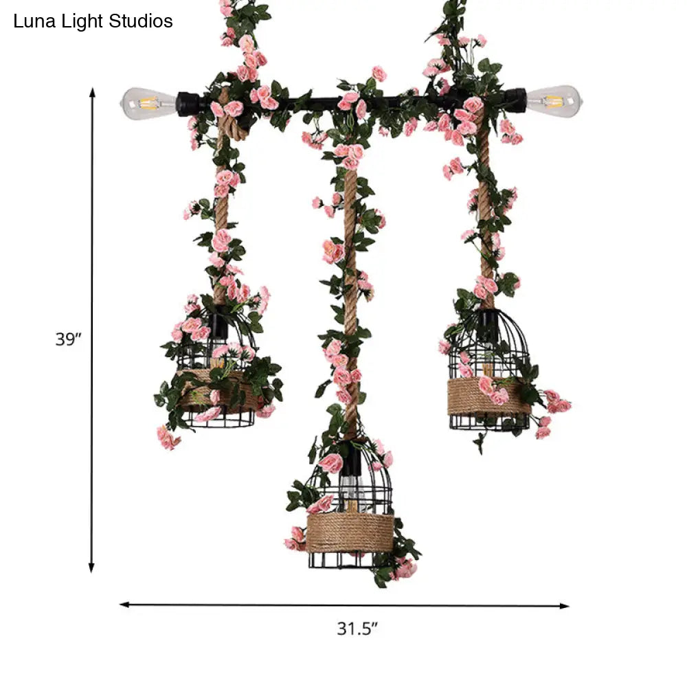 Vintage Metal 3-Head Island Ceiling Light With Flower Decor - Black