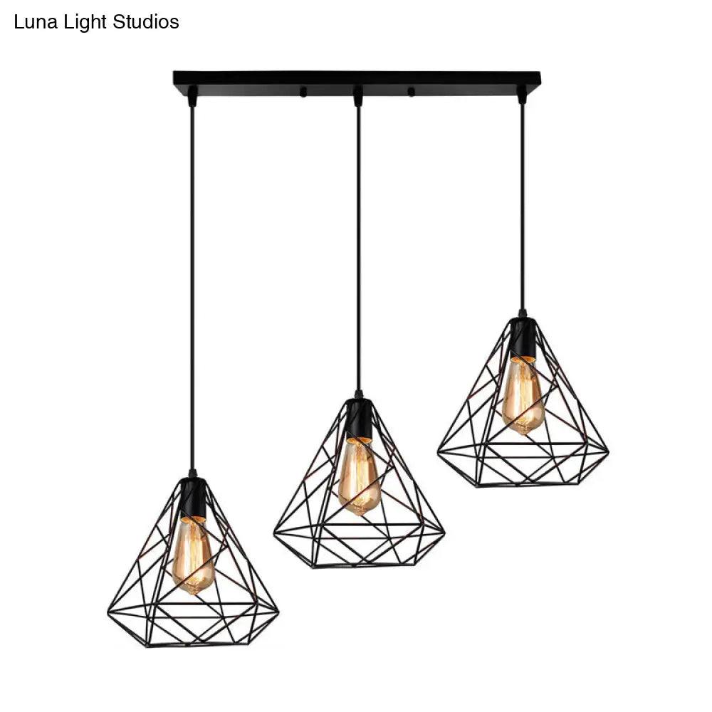Vintage Metal 3-Light Black Diamond Ceiling Chandelier For Dining Room Pendant Lighting With