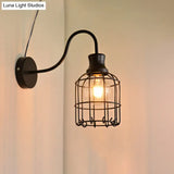 Vintage Metal Bird Cage Wall Mount Sconce With Gooseneck Arm - Black