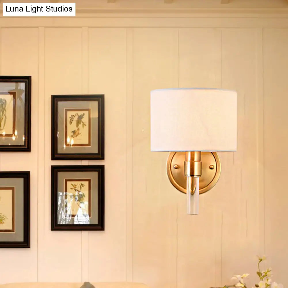 Vintage Metal Brass Drum Wall Lamp With White Fabric Shade - Ideal For Study Room