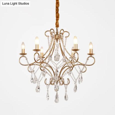 Vintage Metal Candlestick Chandelier With Crystal Strand - Gold Finish Ceiling Hang Light