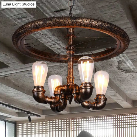 Vintage Metal Chandelier - 4 Lights Rust Pendant Light With Pipe Wheel Design For Living Room