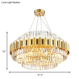 Vintage Metal Chandelier Light With Layered Pendant And Faceted Crystal In Gold For Dining Room