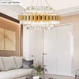 Vintage Metal Chandelier Light With Layered Pendant And Faceted Crystal In Gold For Dining Room
