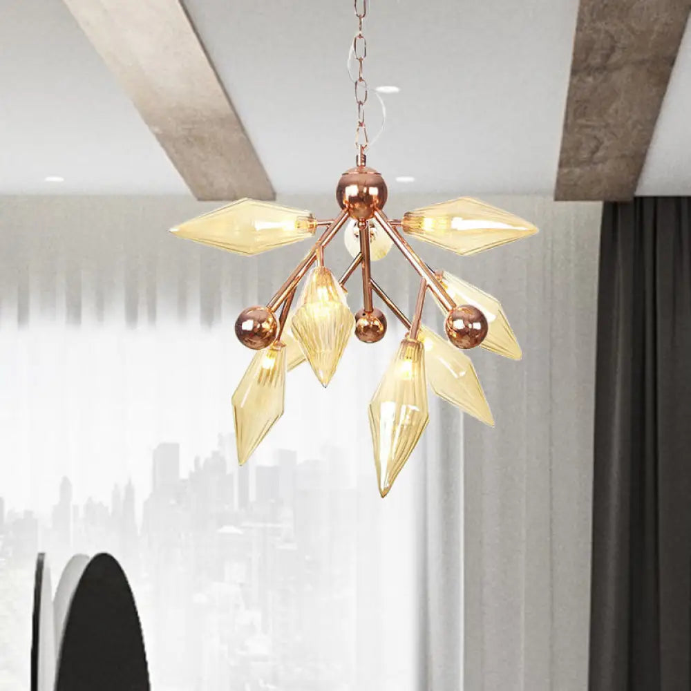 Vintage Metal Chandelier With 9 Lights And Amber/Clear Glass Shades For Dining Room Ceiling Amber
