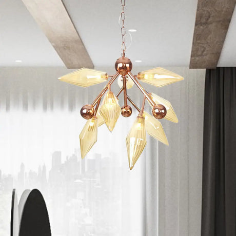 Vintage Metal Chandelier With 9 Lights And Amber/Clear Glass Shades For Dining Room Ceiling Amber