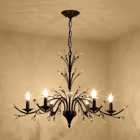 Vintage Metal Chandelier With Exposed Bulbs | 3/6/9 Lights Black Finish Crystal Draping 6 /