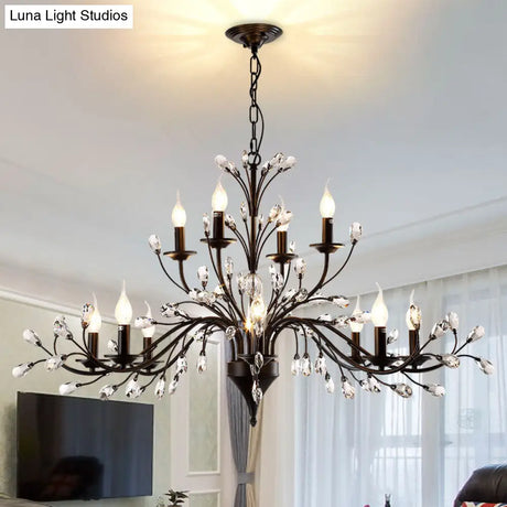 Vintage Metal Chandelier With Exposed Bulbs | 3/6/9 Lights Black Finish Crystal Draping