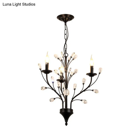 Vintage Metal Chandelier With Exposed Bulbs | 3/6/9 Lights Black Finish Crystal Draping