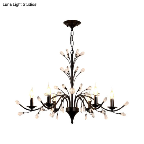 Vintage Metal Chandelier With Exposed Bulbs | 3/6/9 Lights Black Finish Crystal Draping