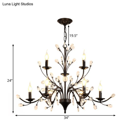 Vintage Metal Chandelier With Exposed Bulbs | 3/6/9 Lights Black Finish Crystal Draping
