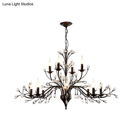 Vintage Metal Chandelier With Exposed Bulbs | 3/6/9 Lights Black Finish Crystal Draping