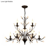 Vintage Metal Chandelier With Exposed Bulbs | 3/6/9 Lights Black Finish Crystal Draping