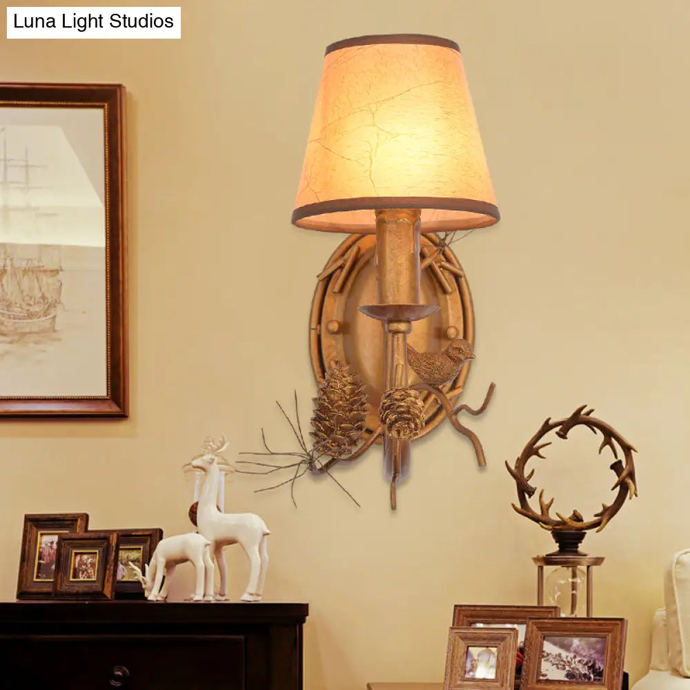 Vintage Metal Cone Sconce With Bird Accent And 1 Light In Bronze - Indoor Wall Mounted Lamp