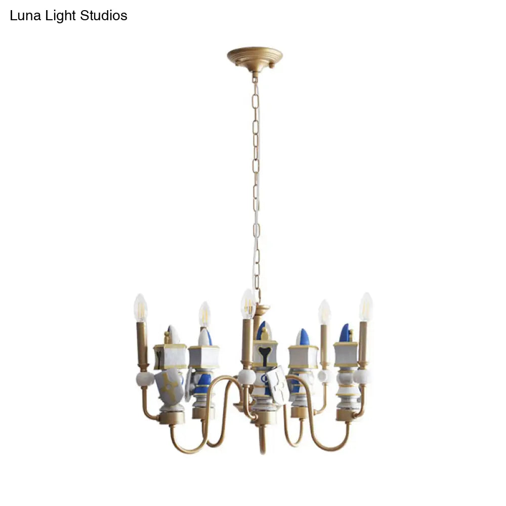 Vintage Metal Curved Arm Pendant Chandelier With 5 Bulbs - Gold Finish Ceiling Suspension Light