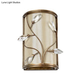 Vintage Metal Cylinder Wall Lamp Sconce With Crystal Leaf Deco In Brass Finish - 1/3-Light Lighting