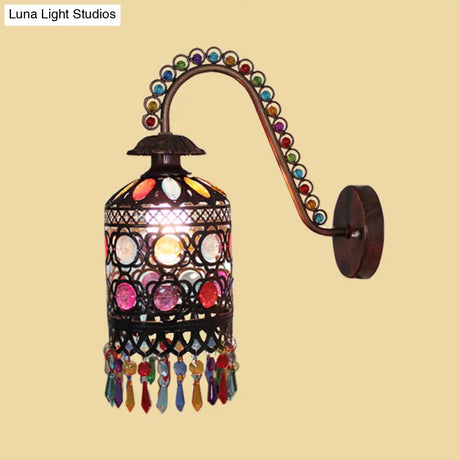 Vintage Metal Cylinder Wall Mount Bedroom Sconce Light In White/Copper With Acrylic Detailing
