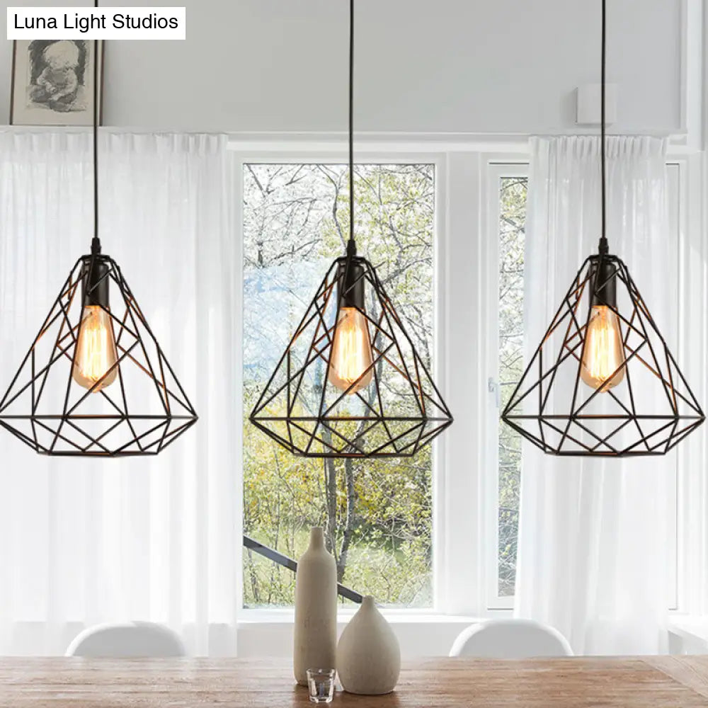 Vintage Metal Diamond Cage Pendant Light For Dinning Room - Black