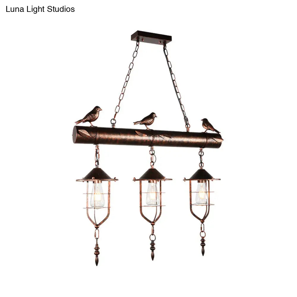 Vintage Metal Island Lighting: 3-Light Caged Shade Pendant For Bedroom Or Kitchen In Rust Finish
