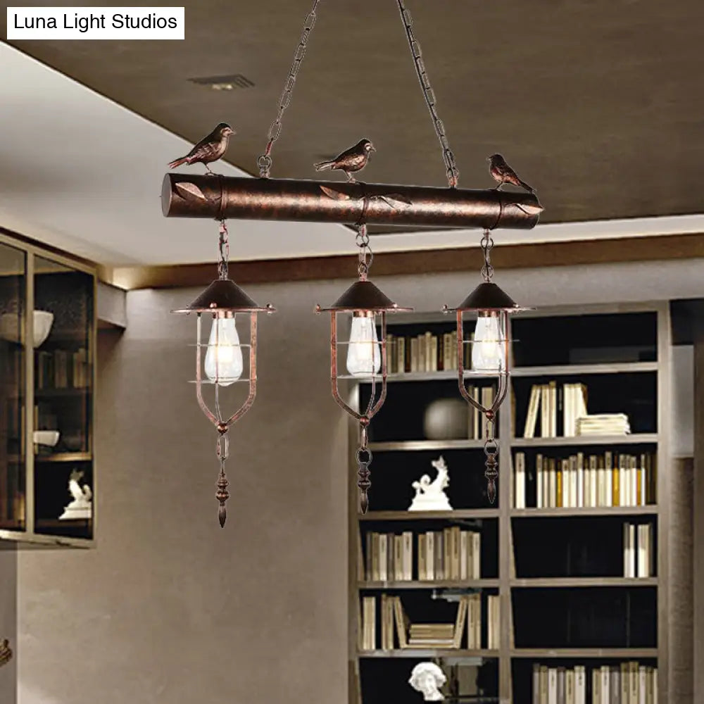 Vintage Metal Island Lighting: 3-Light Caged Shade Pendant For Bedroom Or Kitchen In Rust Finish