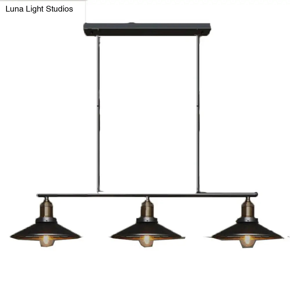 Vintage Metal Pendant Light With 3 Black Cone Shades For Restaurant Or Warehouse