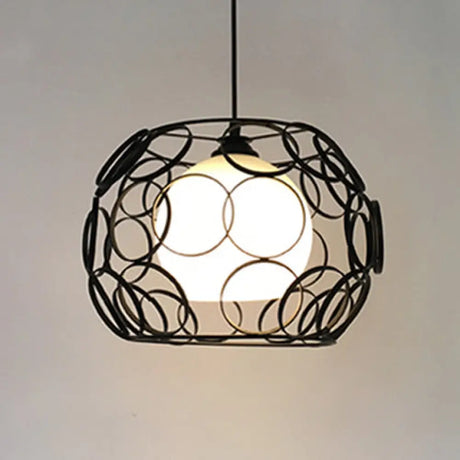 Vintage Metal Pendant Light With Opal Glass Shade - Black/White Wire Frame Indoor Hanging Ceiling