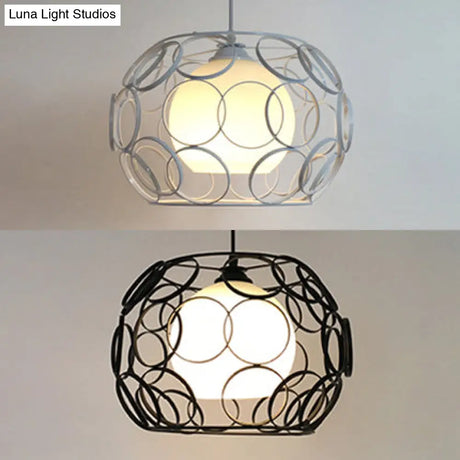 Vintage Metal Pendant Light With Opal Glass Shade - Black/White Wire Frame Indoor Hanging Ceiling