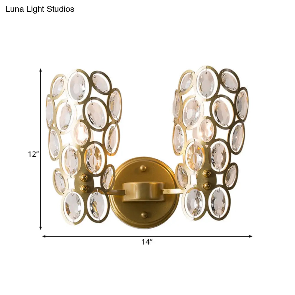 Vintage Metal Round Wall Lamp With Curved Arm - Gold Sconce Light Fixture (2 Bulbs)