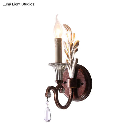 Vintage Metal Rust Sconce Lamp With Exposed Bulb And Crystal Drop - 1-Light Wall Mounted Lighting