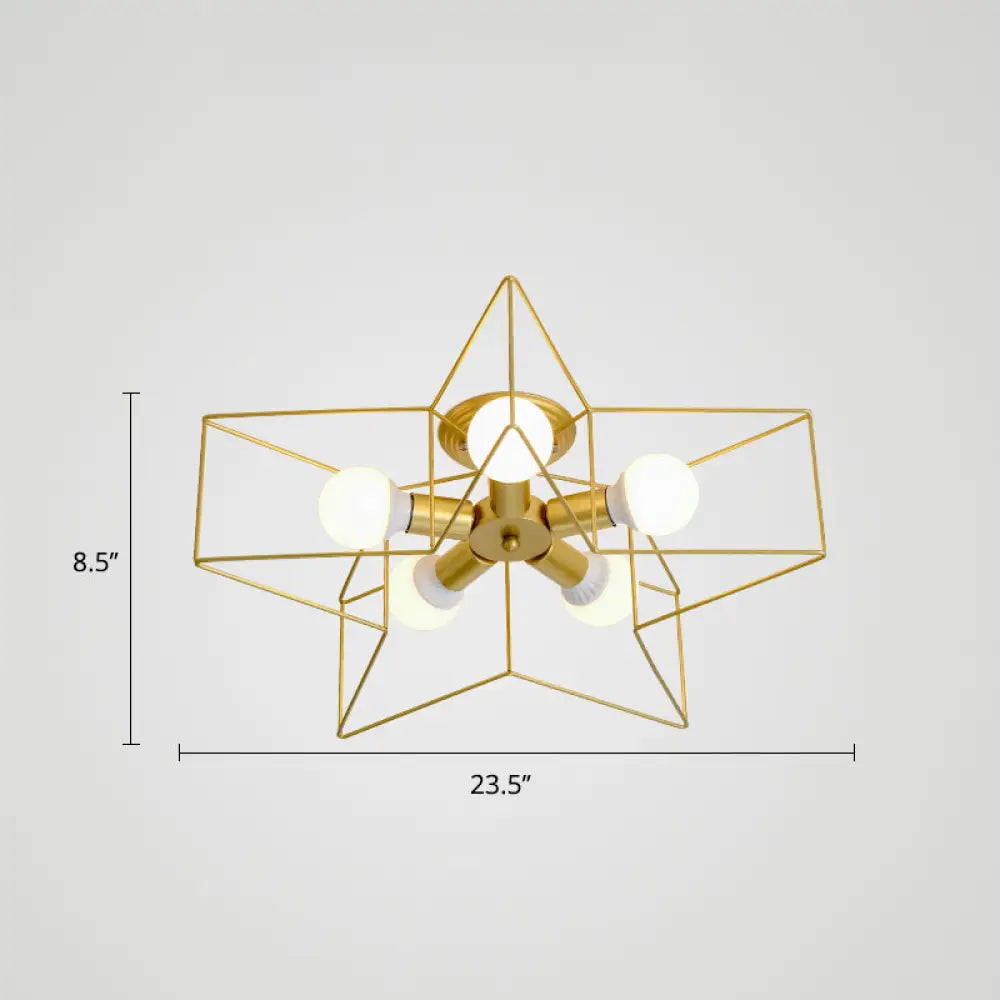 Vintage Metal Star Shaped Bedroom Ceiling Lamp - Semi Flush Mount With 5 Bulbs / Gold