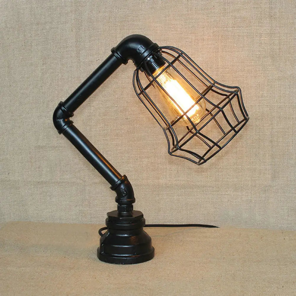 Vintage Metal Table Lamp - Industrial Black Cage Design For Coffee Shops And More / Barrel