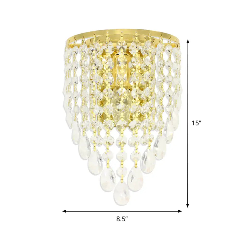Vintage Metal Tapered Wall Mount Light Sconce With Clear Crystal Draping - 10/15 W 1 Bulb Elegant