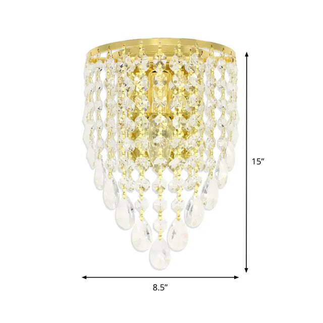 Vintage Metal Tapered Wall Mount Light Sconce With Clear Crystal Draping - 10/15 W 1 Bulb Elegant
