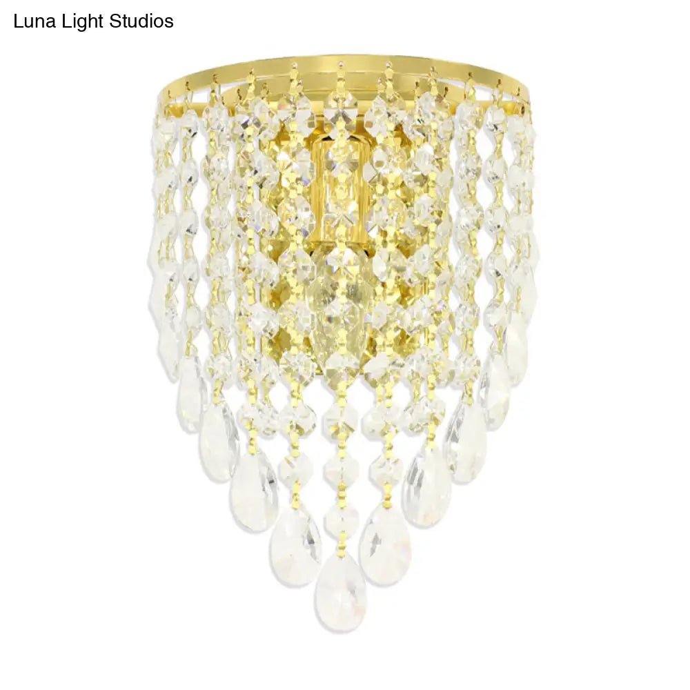 Vintage Metal Tapered Wall Mount Light Sconce With Clear Crystal Draping - 10/15 W 1 Bulb Elegant