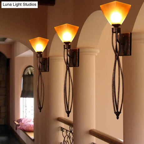 Vintage Metal Wall Lamp With Glass Shade - Rust Sconce Light Fixture