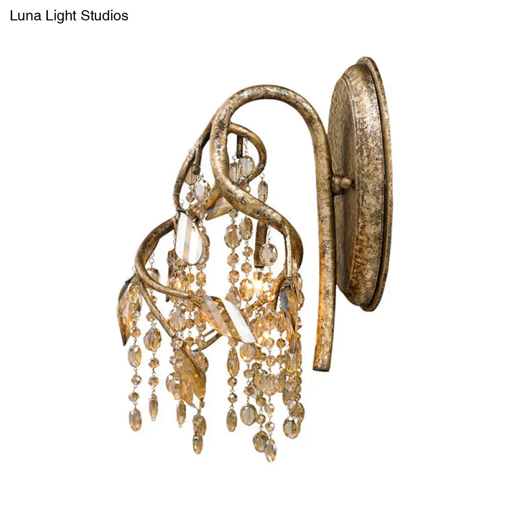 Vintage Metal Wall Mount Sconce Light With Amber Crystal Bead Accent - Brass Finish 1 Bulb