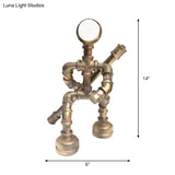 Vintage Metallic Brass Robot Design Table Lamp - Unique Coffee Shop Light With Plumbing Pipe Accent