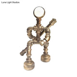 Vintage Metallic Brass Robot Design Table Lamp - Unique Coffee Shop Light With Plumbing Pipe Accent