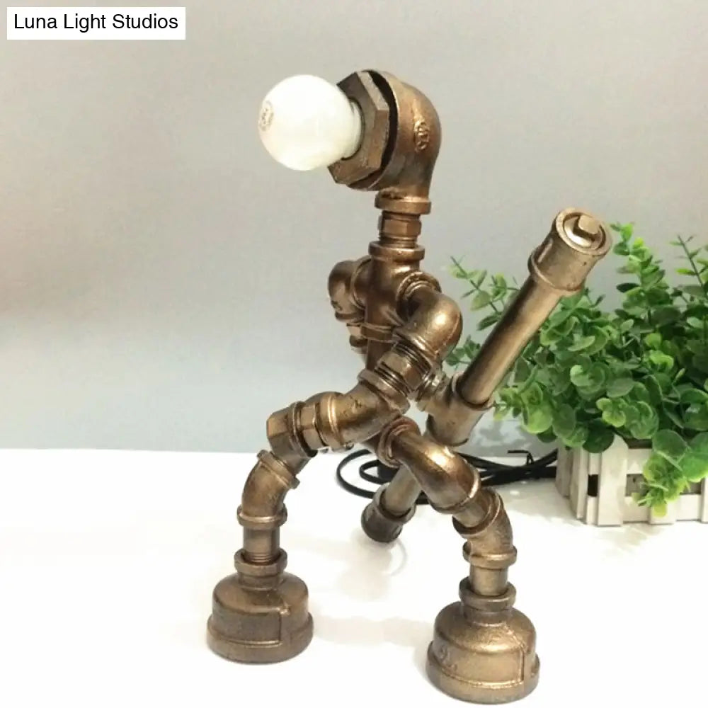 Vintage Metallic Brass Robot Design Table Lamp - Unique Coffee Shop Light With Plumbing Pipe Accent