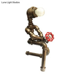 Vintage Metallic Brass Robot Design Table Lamp - Unique Coffee Shop Light With Plumbing Pipe Accent